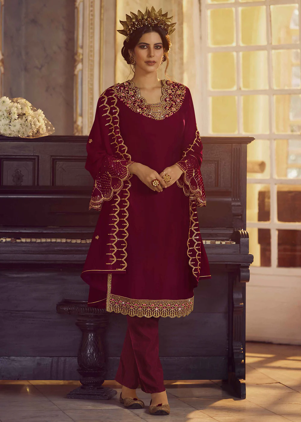 Rosewood Maroon Lehenga/Pant Style Trendy Suit - Image 3
