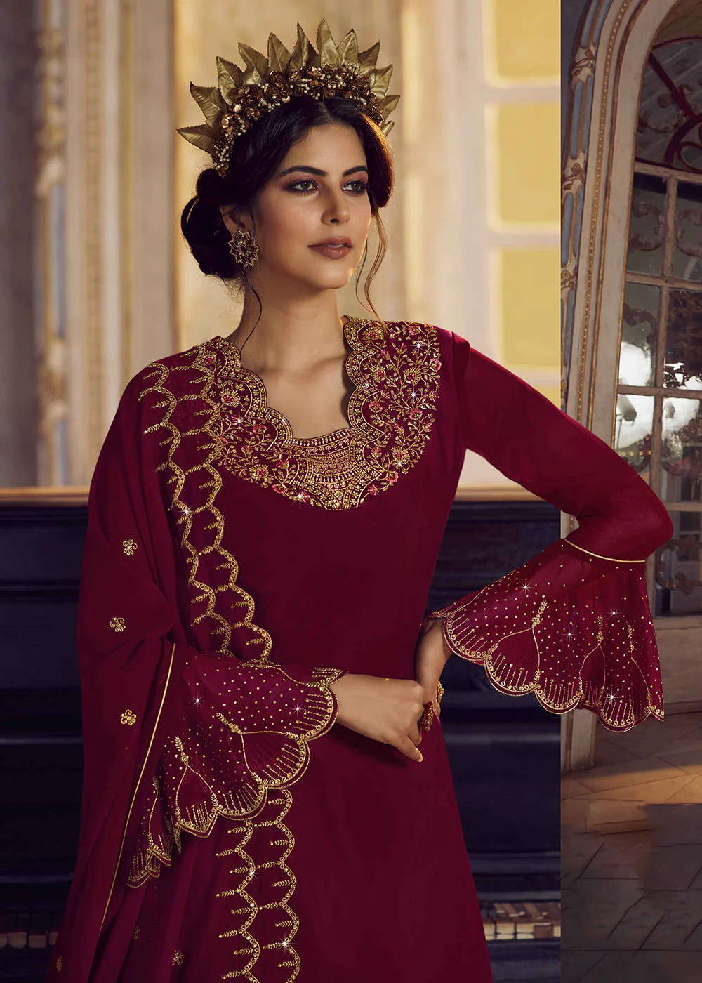 Rosewood Maroon Lehenga/Pant Style Trendy Suit - Image 4