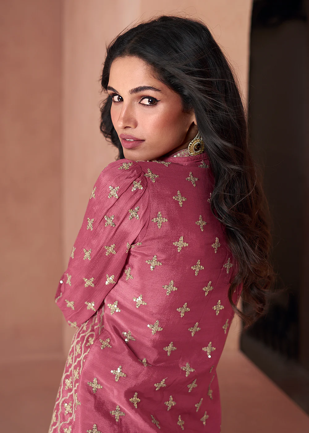 Rosewood Pink Chinnon Silk 3-Piece Indo Western Dress - Image 3