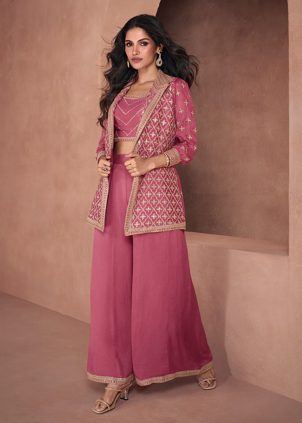 Rosewood Pink Chinnon Silk 3-Piece Indo Western Dress - Image 4