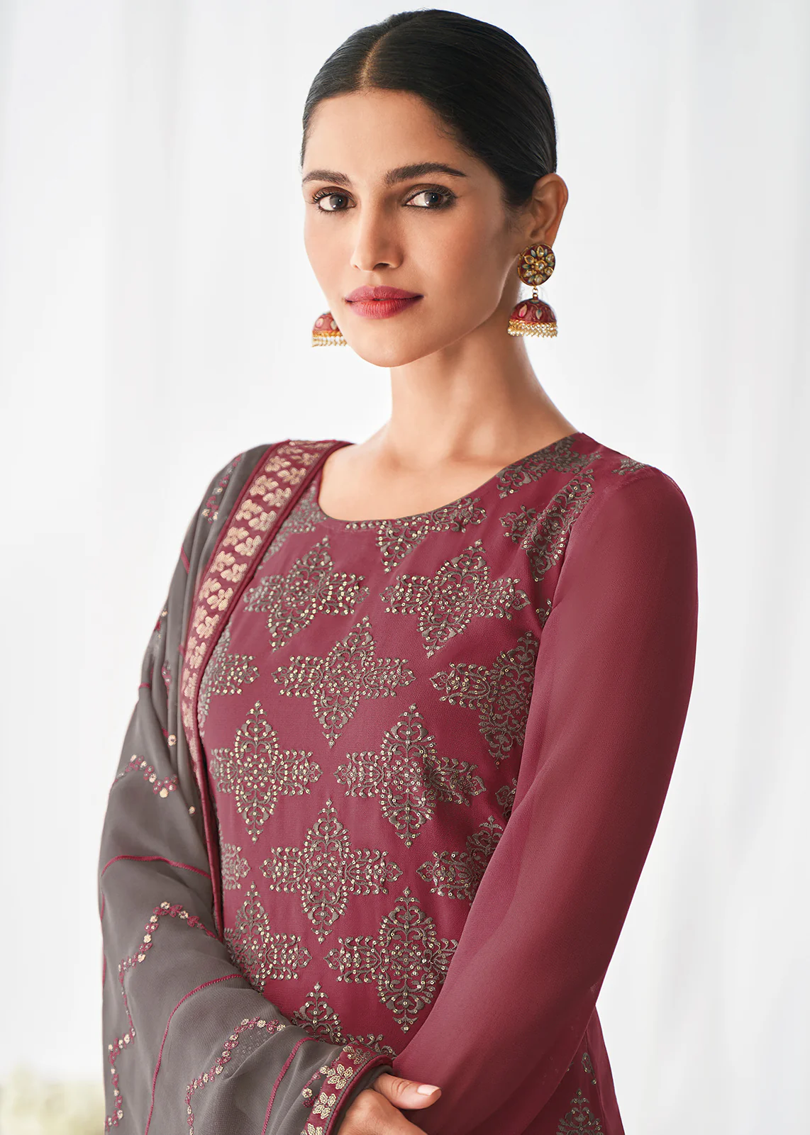 Rosewood Pink Floral Motifs Embroidered Palazzo Pants Suits - Image 2