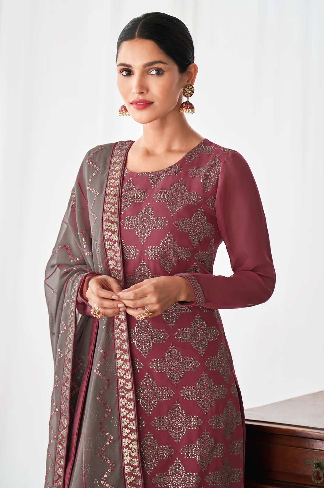 Rosewood Pink Floral Motifs Embroidered Palazzo Pants Suits - Image 3