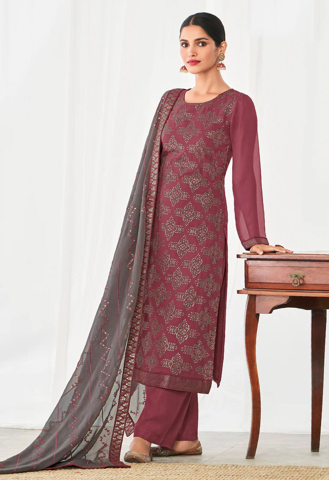 Rosewood Pink Floral Motifs Embroidered Palazzo Pants Suits - Image 4