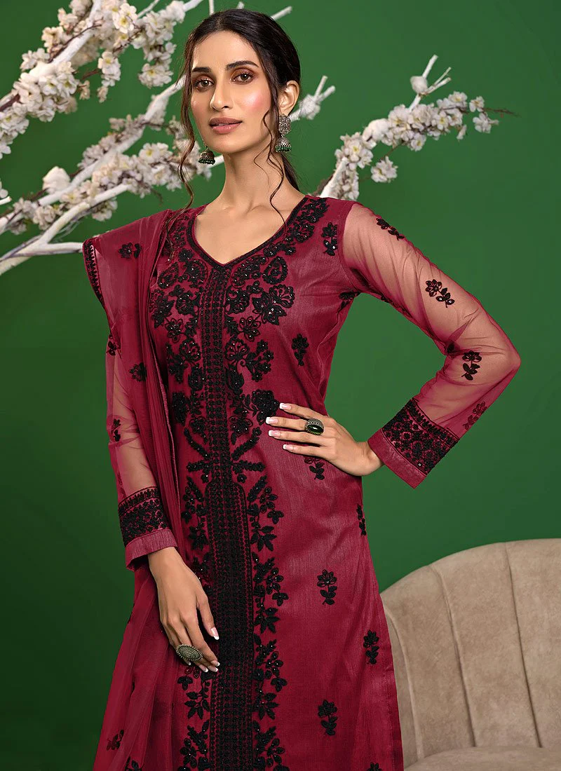 Rosewood Pink Straight Cut Pakistani Style Pant Suit - Image 2
