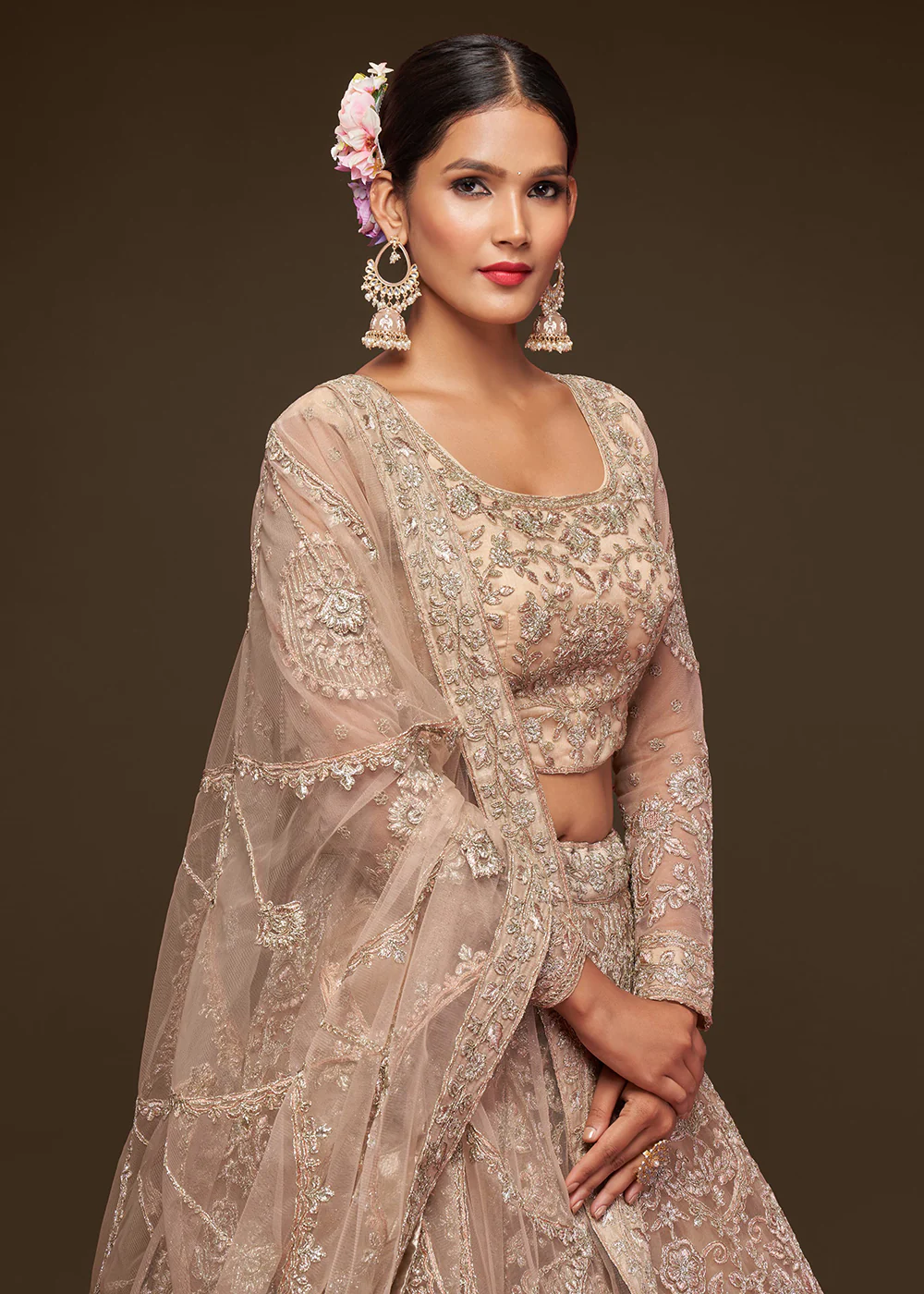 Royal Beige Embroidered Soft Net Wedding Lehenga Choli - Image 2