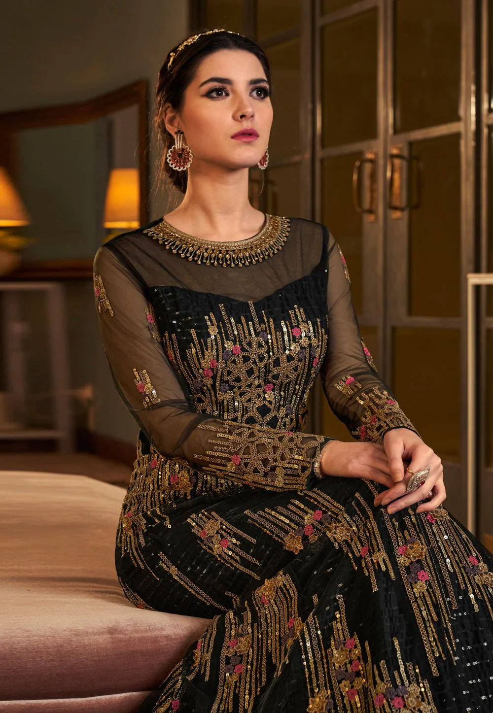 Royal Black Net Embroidered Designer Anarkali Suit - Image 2
