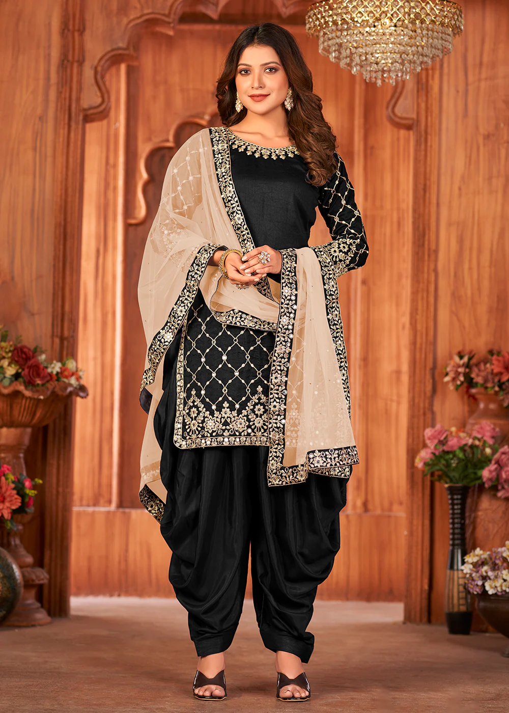 Royal Black Glass Work Art Silk Patiala Salwar Suit