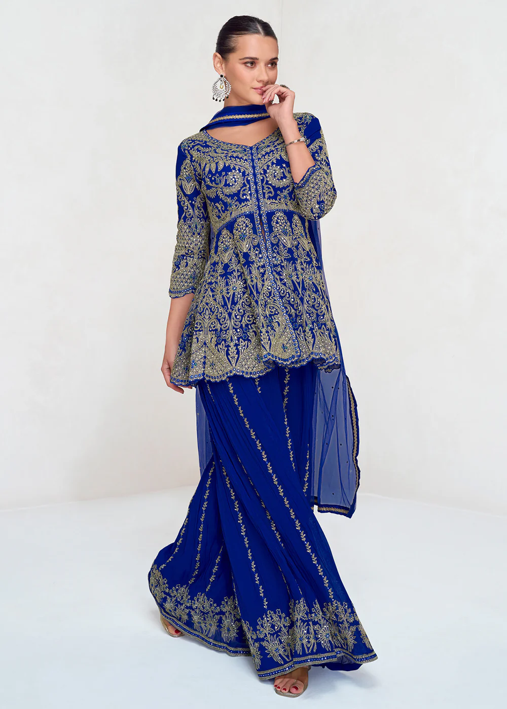 Royal Blue Designer Embroidered Wedding Sharara Suit