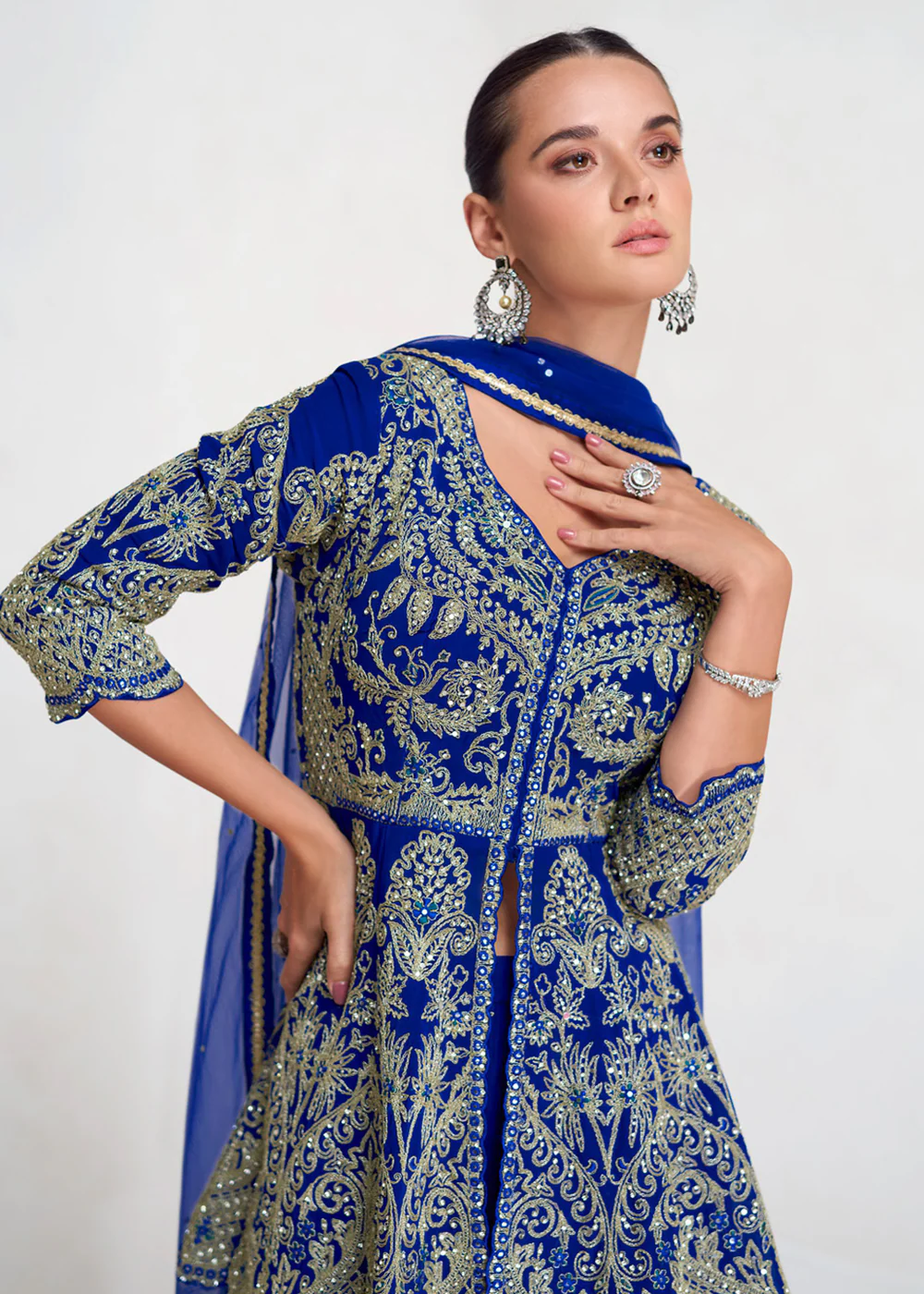 Royal Blue Designer Embroidered Wedding Sharara Suit - Image 2