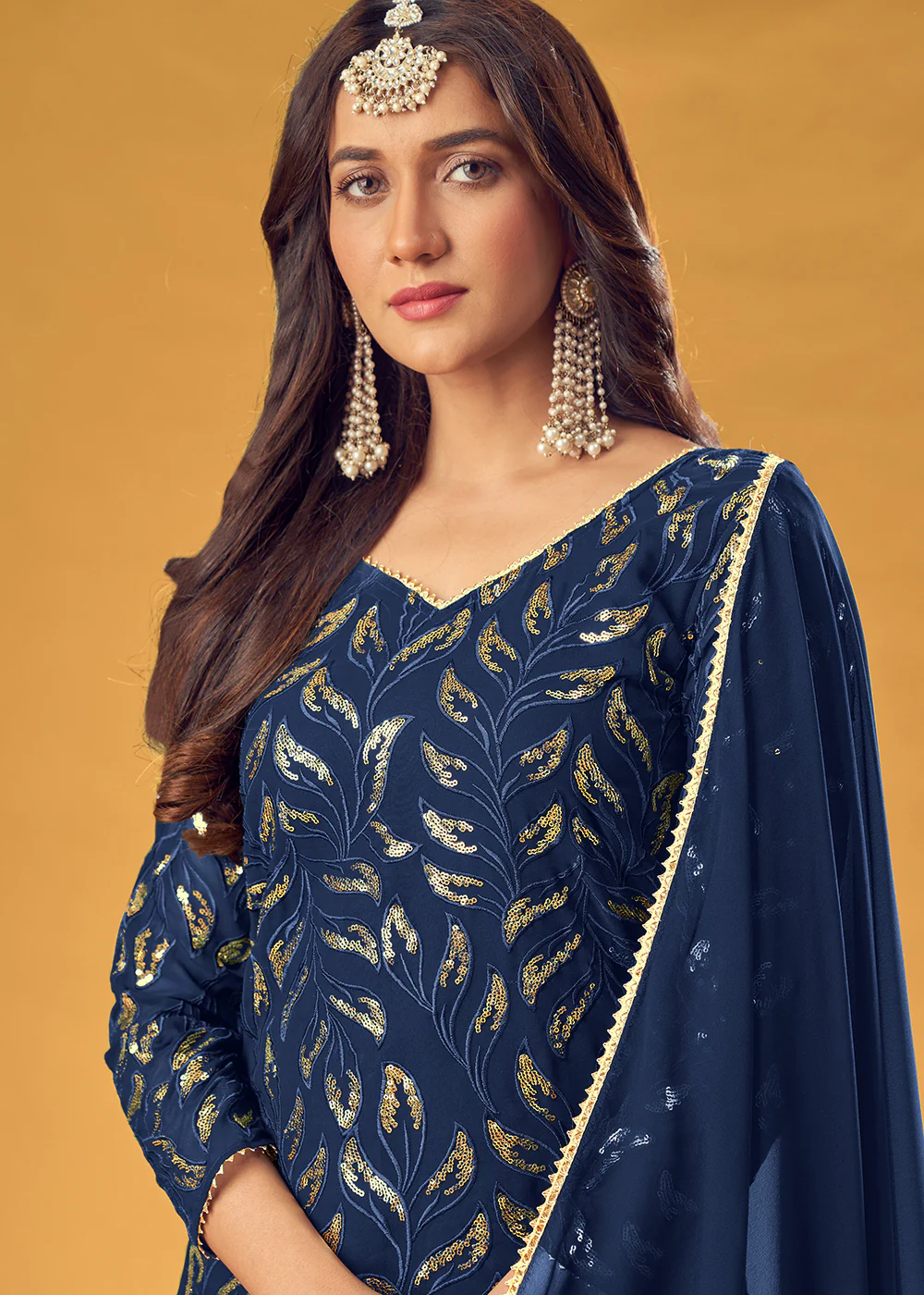 Royal Blue Gold Embroidered Straight Cut Palazzo Suit - Image 2