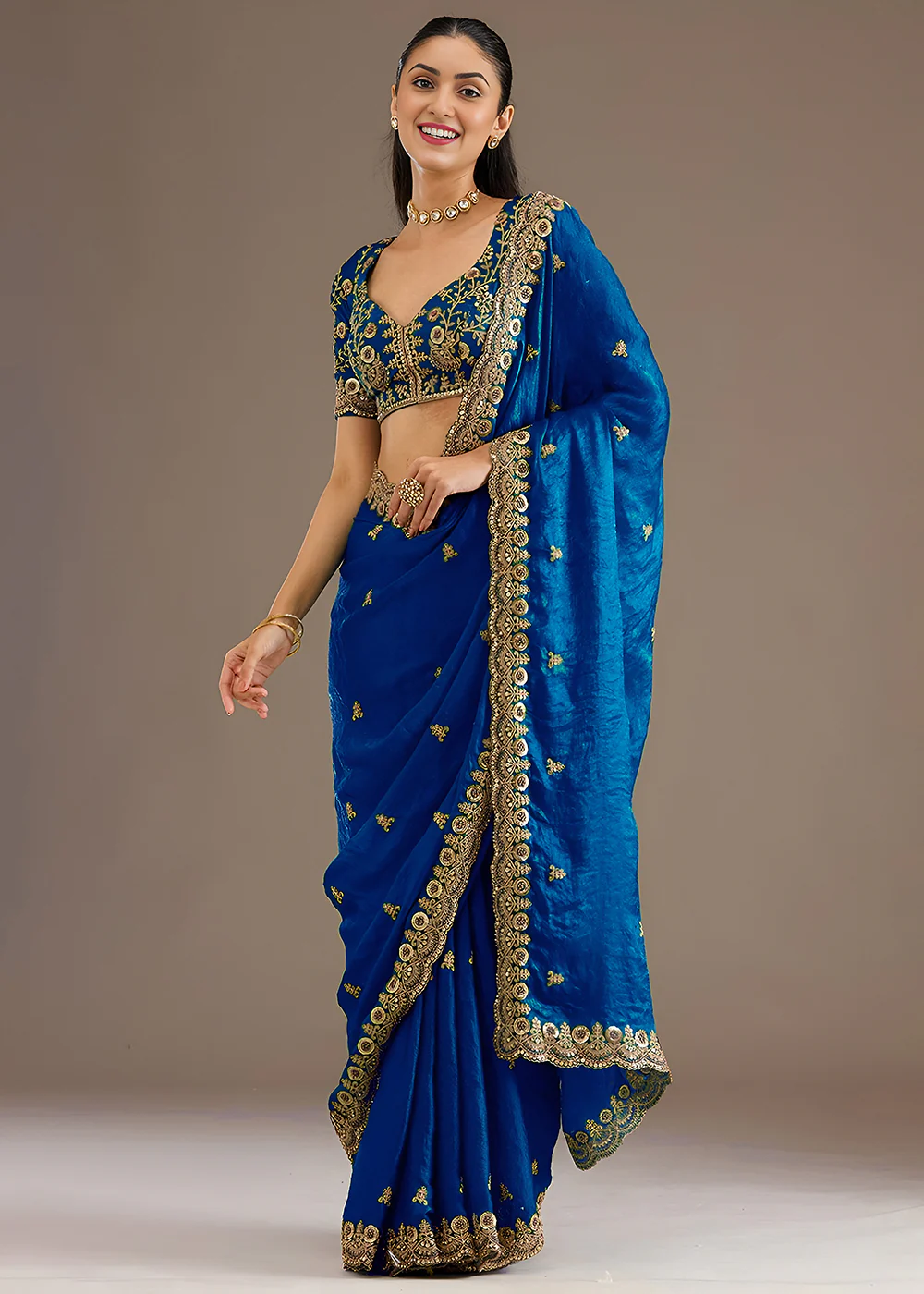 Royal Blue Multiple Sequins Embroidered Wedding Saree