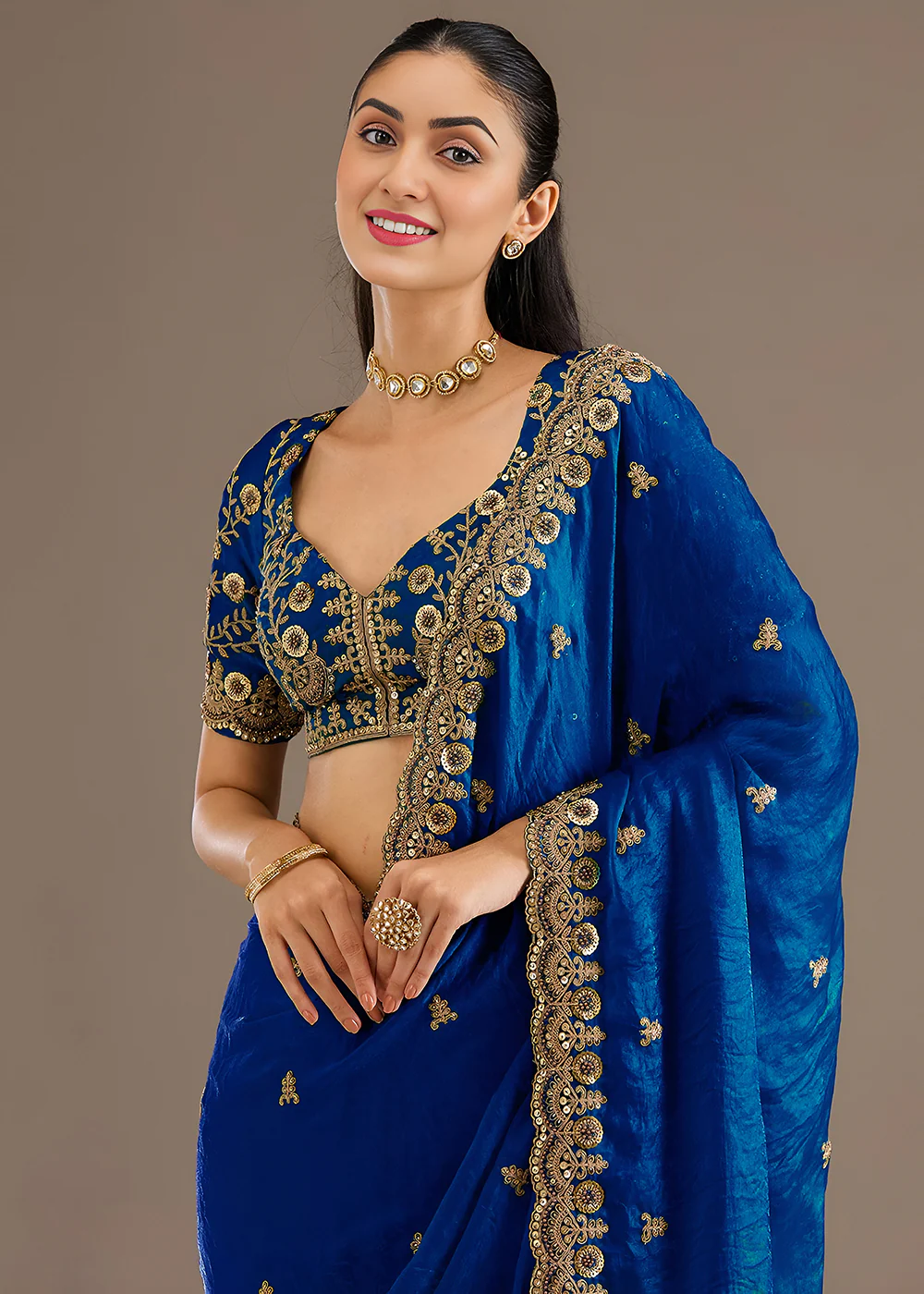 Royal Blue Multiple Sequins Embroidered Wedding Saree - Image 2