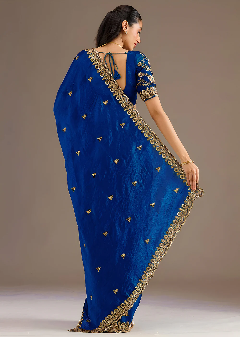Royal Blue Multiple Sequins Embroidered Wedding Saree - Image 3
