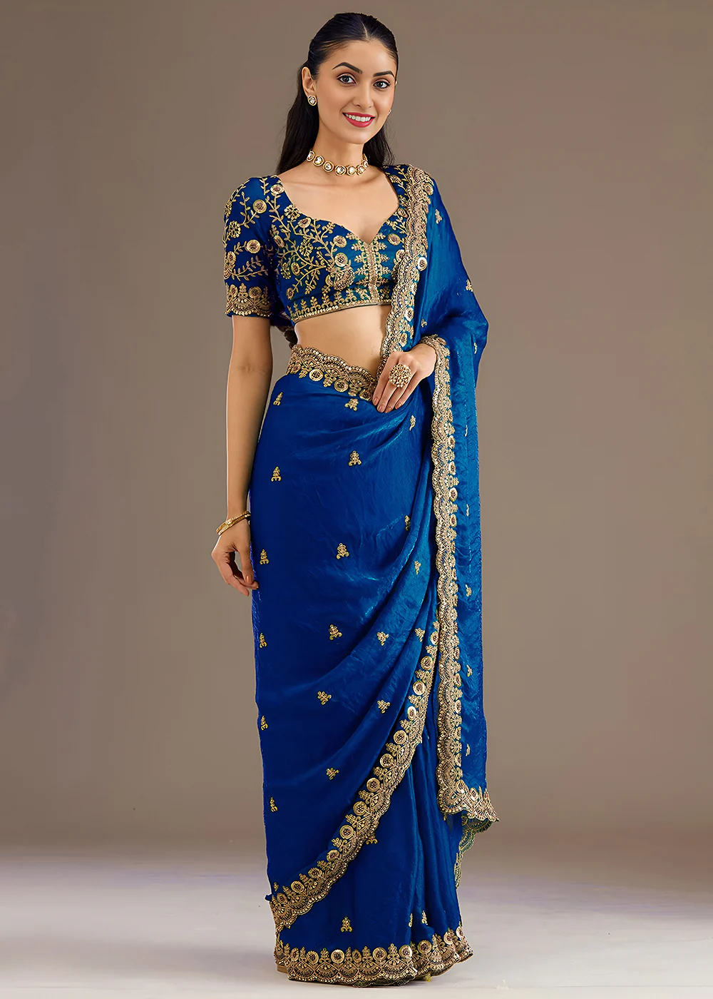 Royal Blue Multiple Sequins Embroidered Wedding Saree - Image 5