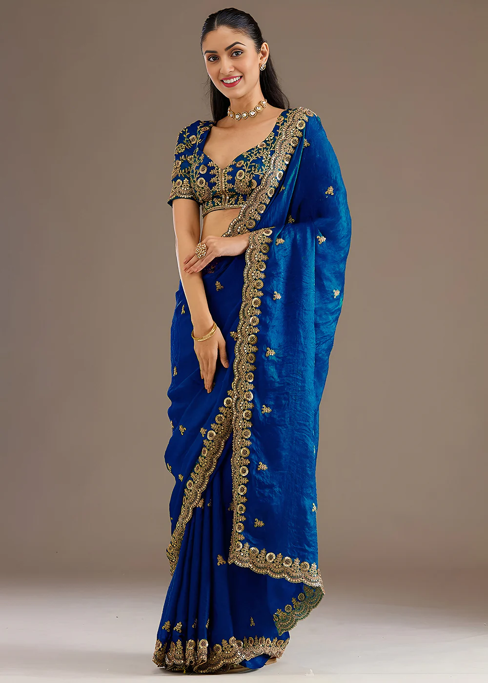 Royal Blue Multiple Sequins Embroidered Wedding Saree - Image 6