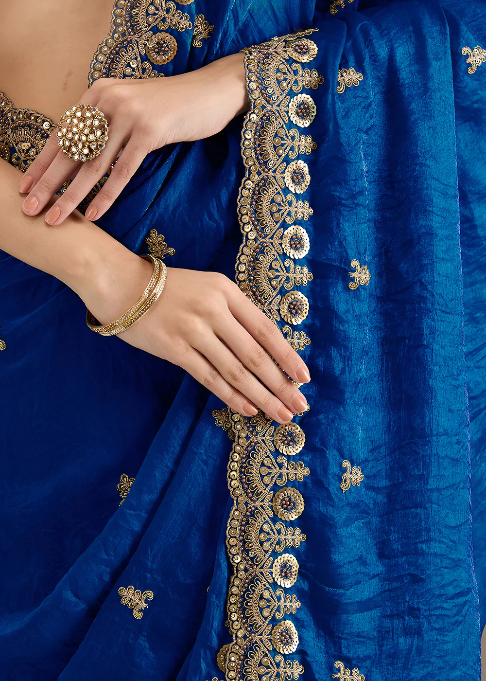 Royal Blue Multiple Sequins Embroidered Wedding Saree - Image 7