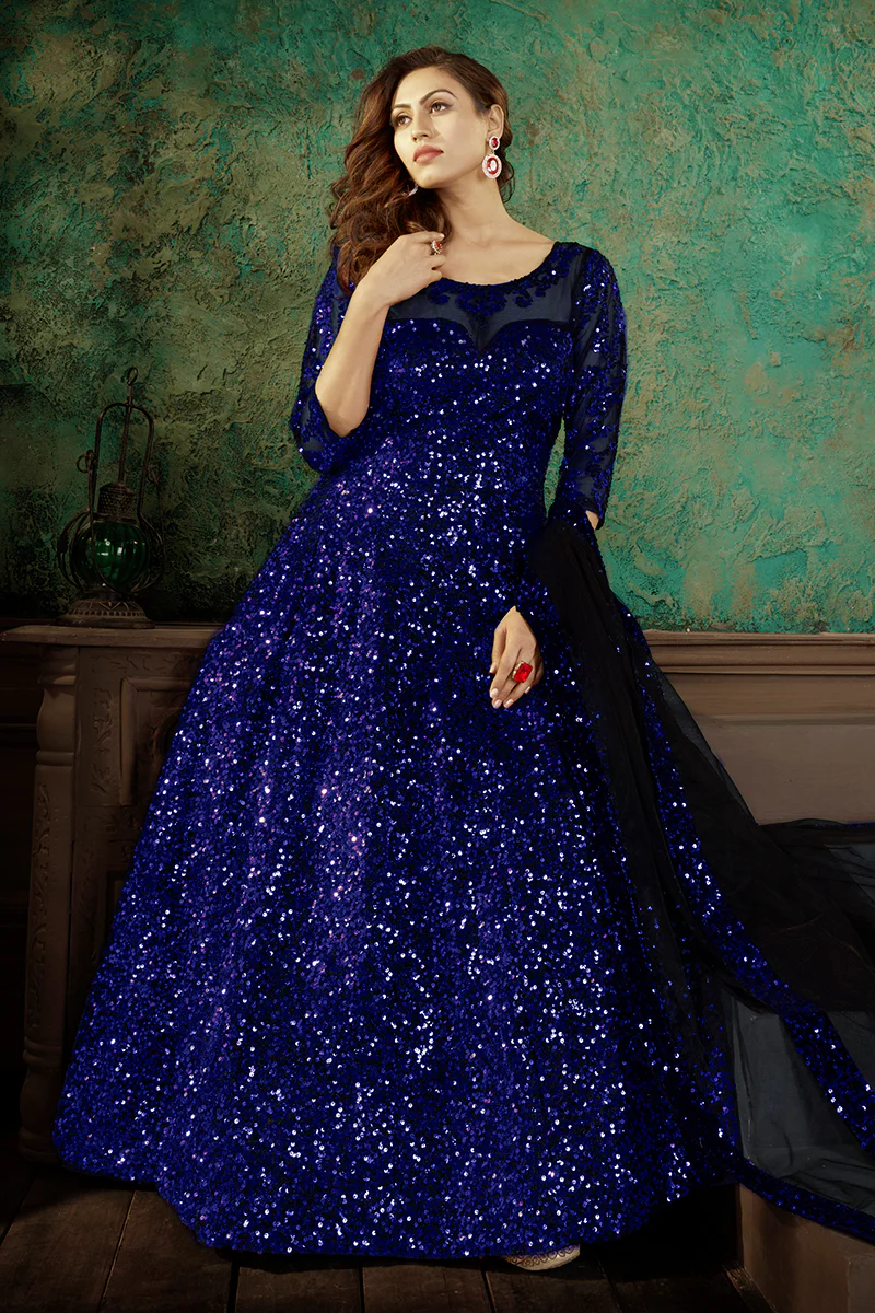 Royal Blue Party Wear Sequins Net Anarkali Gown