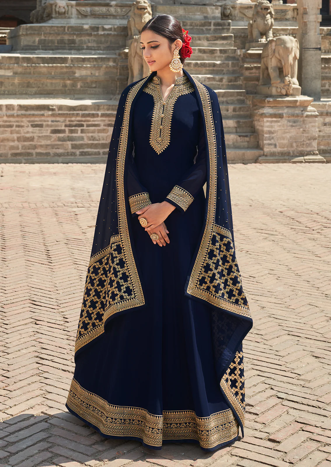Royal Blue Stone Embellished Floor Length Anarkali Suit