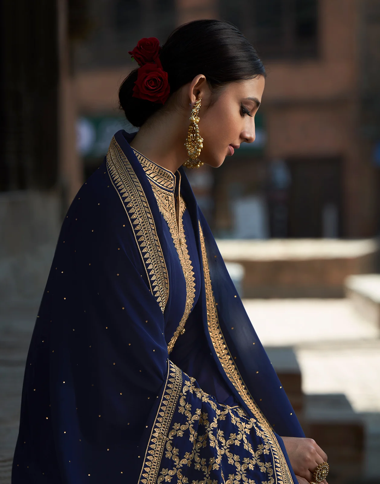 Royal Blue Stone Embellished Floor Length Anarkali Suit - Image 2