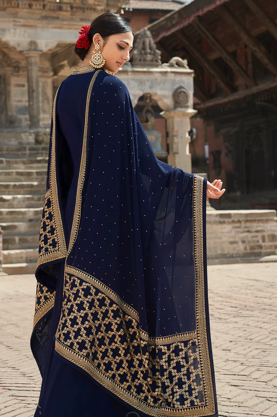 Royal Blue Stone Embellished Floor Length Anarkali Suit - Image 3