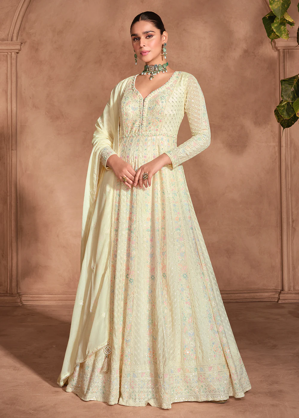 Royal Cream Chikankari Embroidery Wedding Anarkali Gown