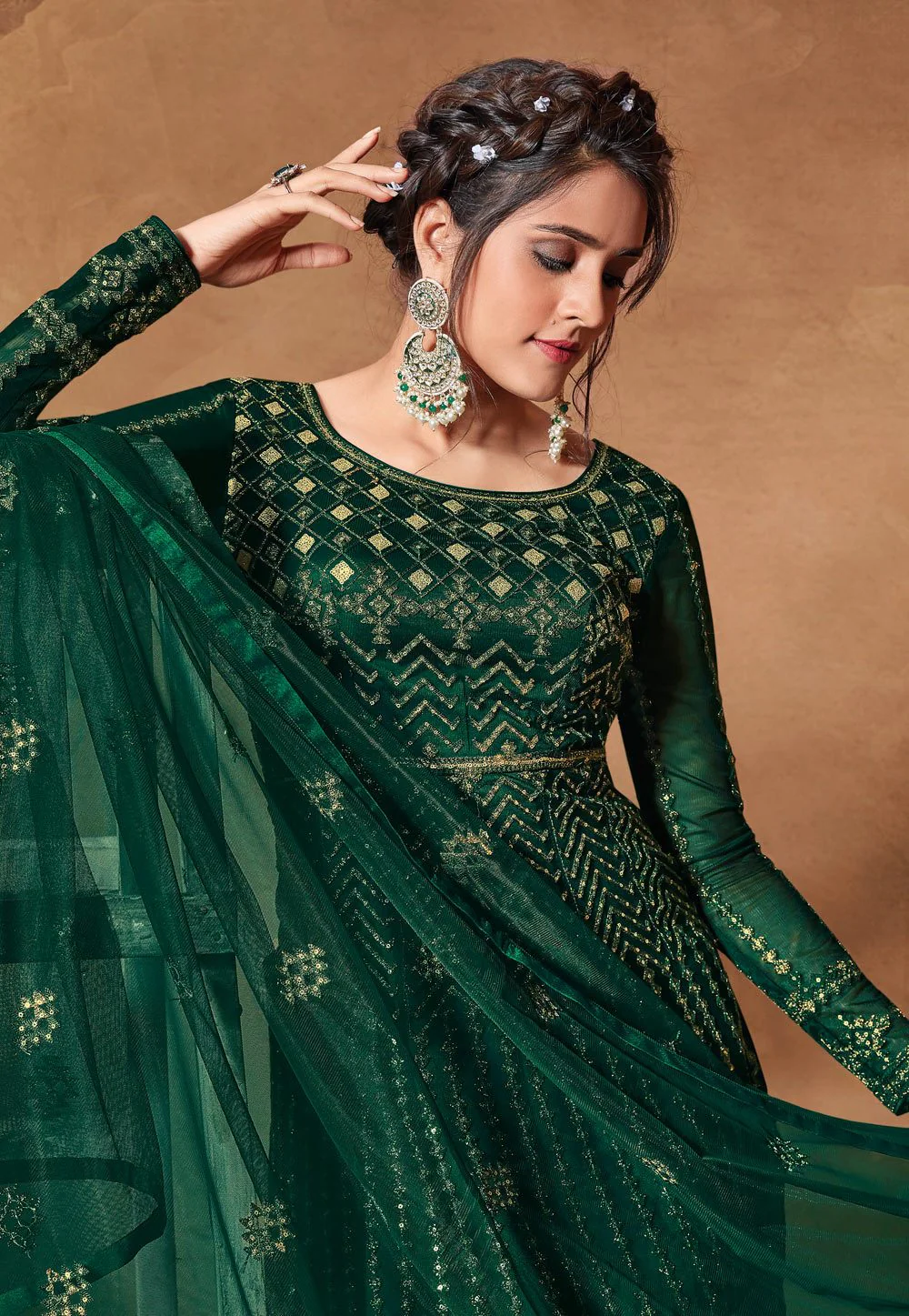 Royal Green Net Embroidered Floor Length Anarkali Suit - Image 2