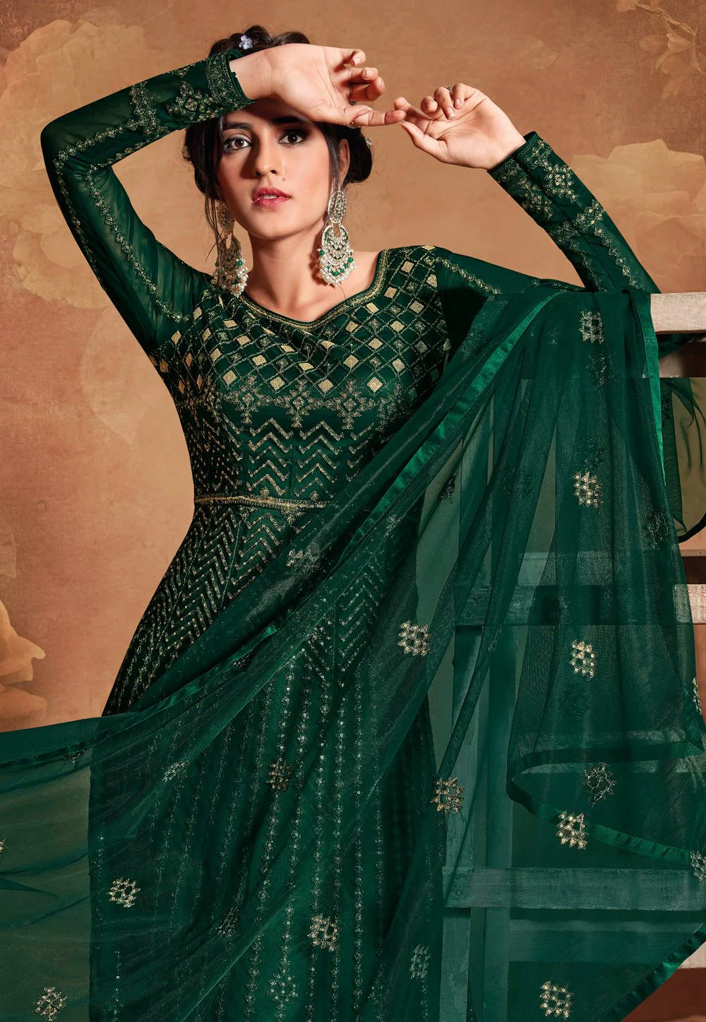 Royal Green Net Embroidered Floor Length Anarkali Suit - Image 3