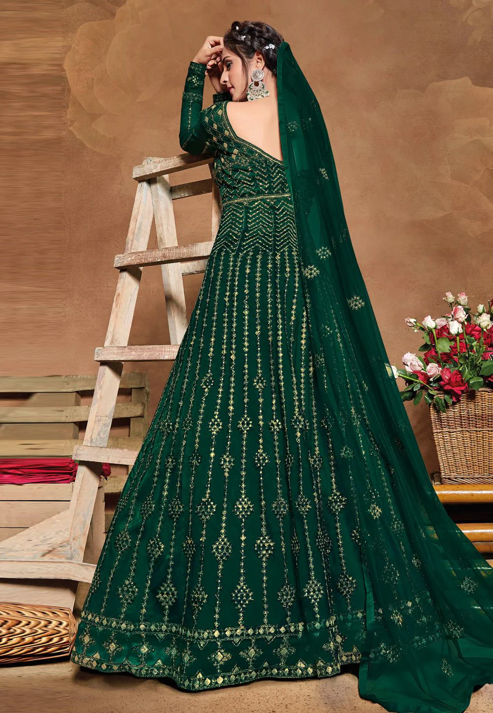 Royal Green Net Embroidered Floor Length Anarkali Suit - Image 4