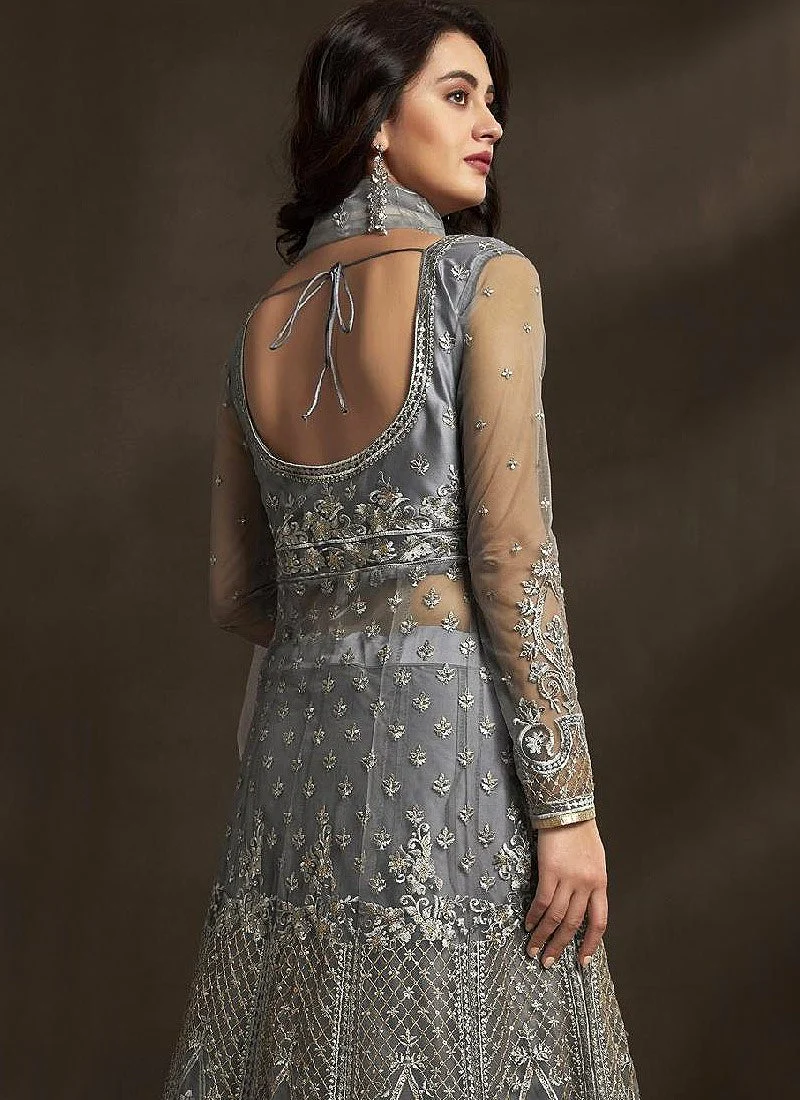 Royal Grey Detailed Embroidered Designer Anarkali Suit - Image 2