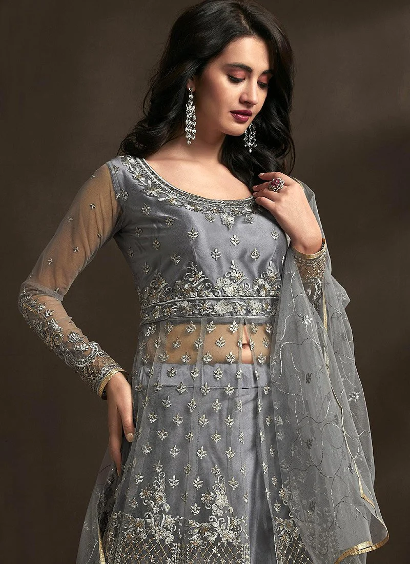 Royal Grey Detailed Embroidered Designer Anarkali Suit - Image 3