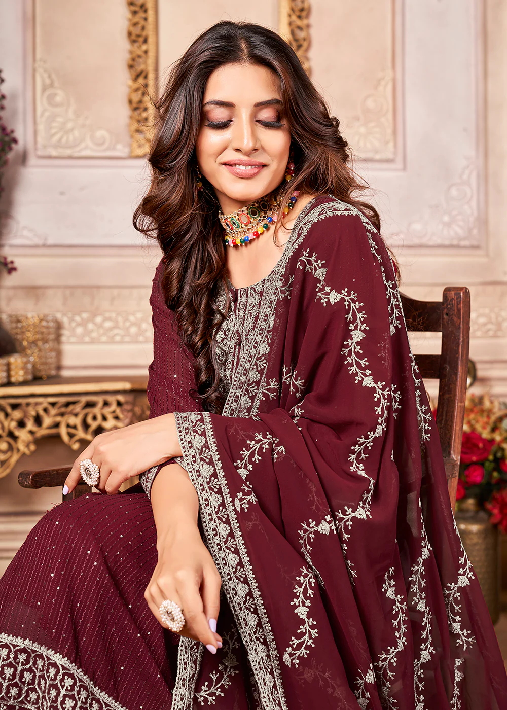 Royal Maroon Indian Georgette Ceremonial Salwar Suit - Image 2