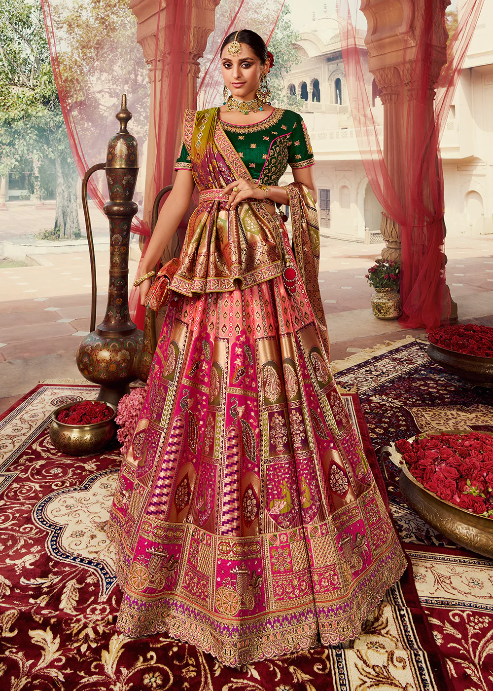 Royal Multicolor Green Embroidered Bridal Lehenga Choli