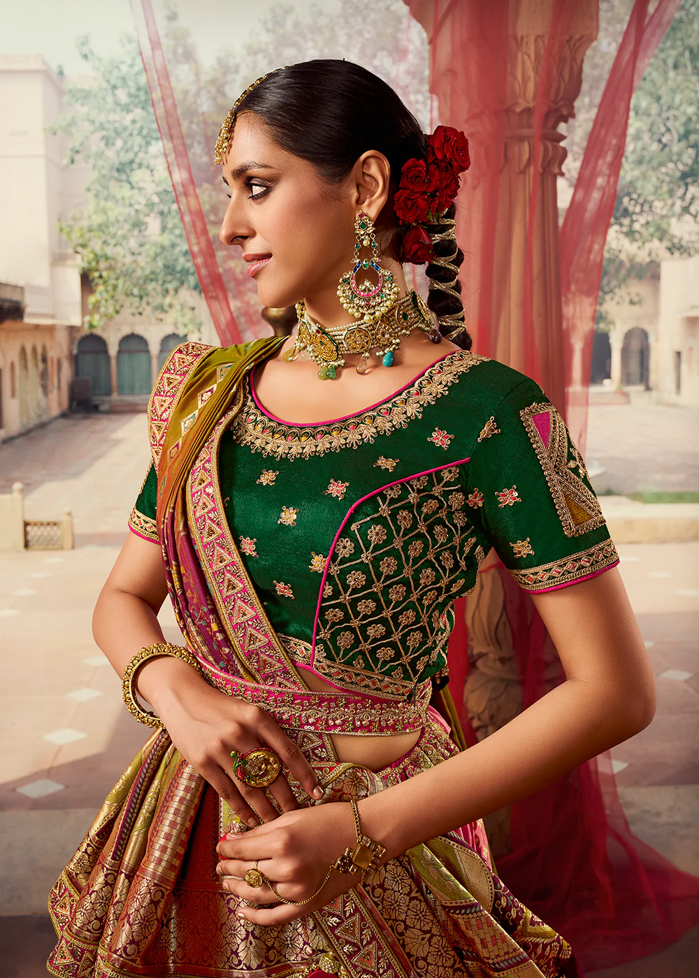 Royal Multicolor Green Embroidered Bridal Lehenga Choli - Image 2