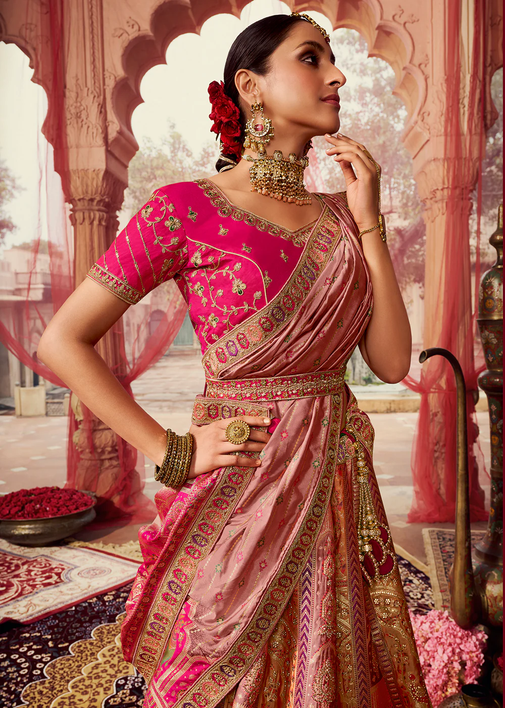 Royal Multicolor Pink & Peach Embroidered Bridal Lehenga Choli - Image 2