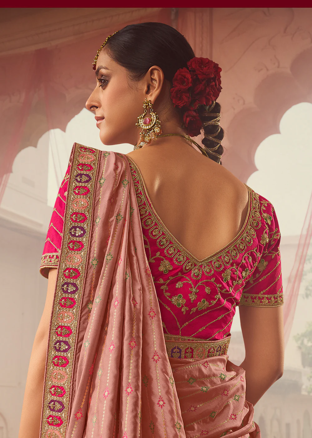 Royal Multicolor Pink & Peach Embroidered Bridal Lehenga Choli - Image 3