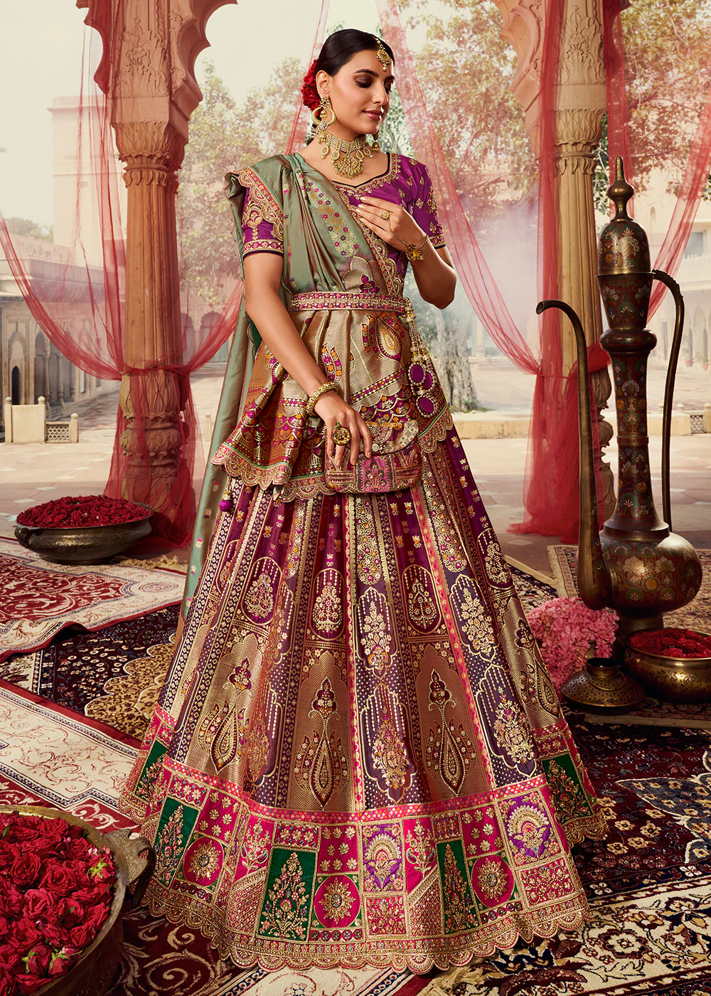 Royal Multicolor Purple Embroidered Bridal Lehenga Choli
