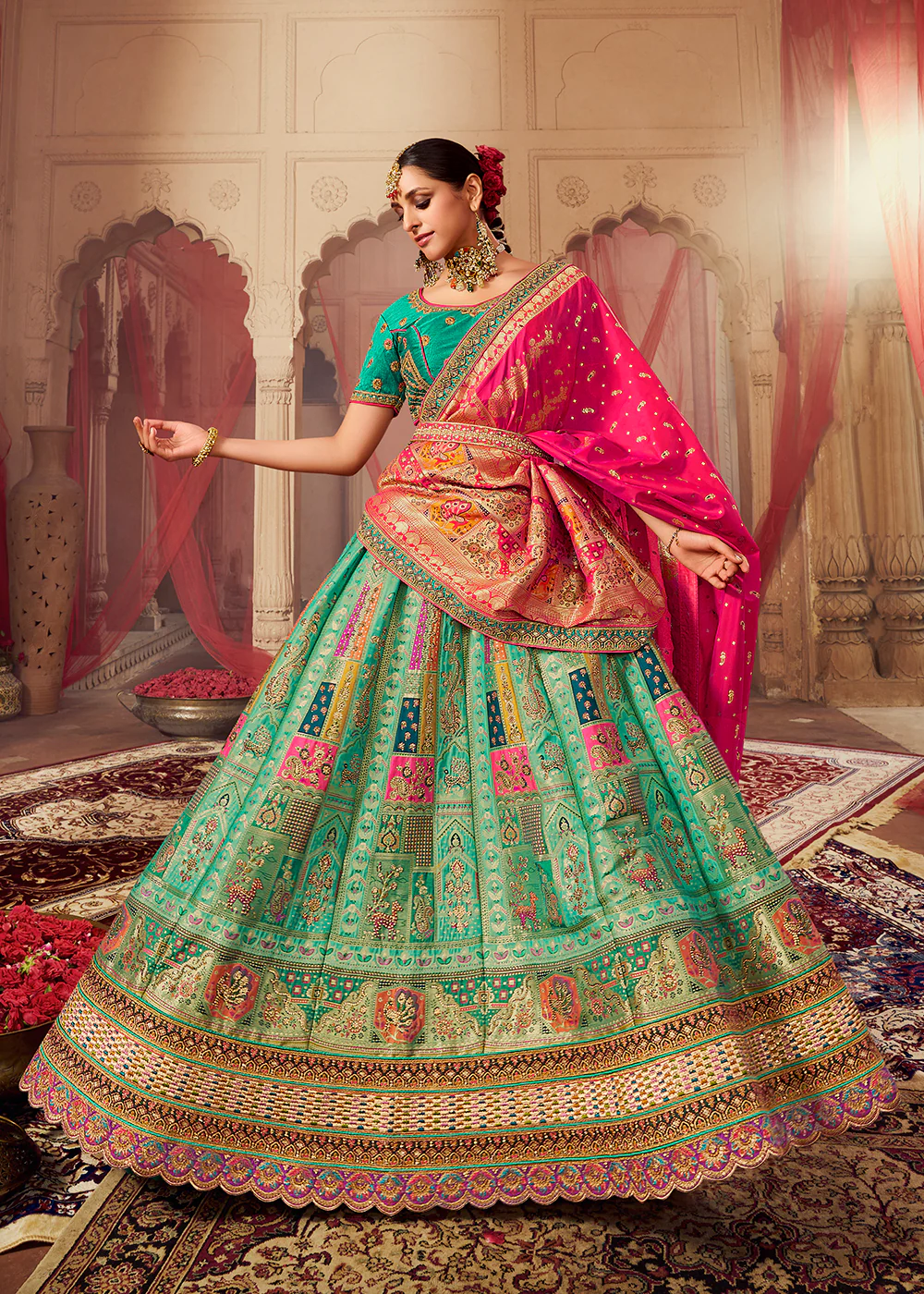 Royal Multicolor Sea Green Embroidered Bridal Lehenga Choli