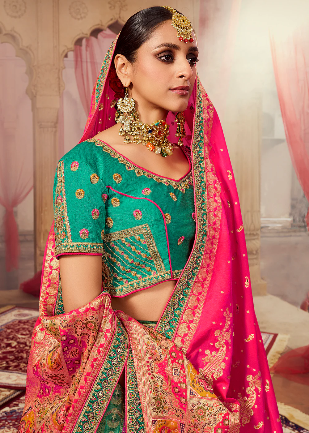 Royal Multicolor Sea Green Embroidered Bridal Lehenga Choli - Image 2