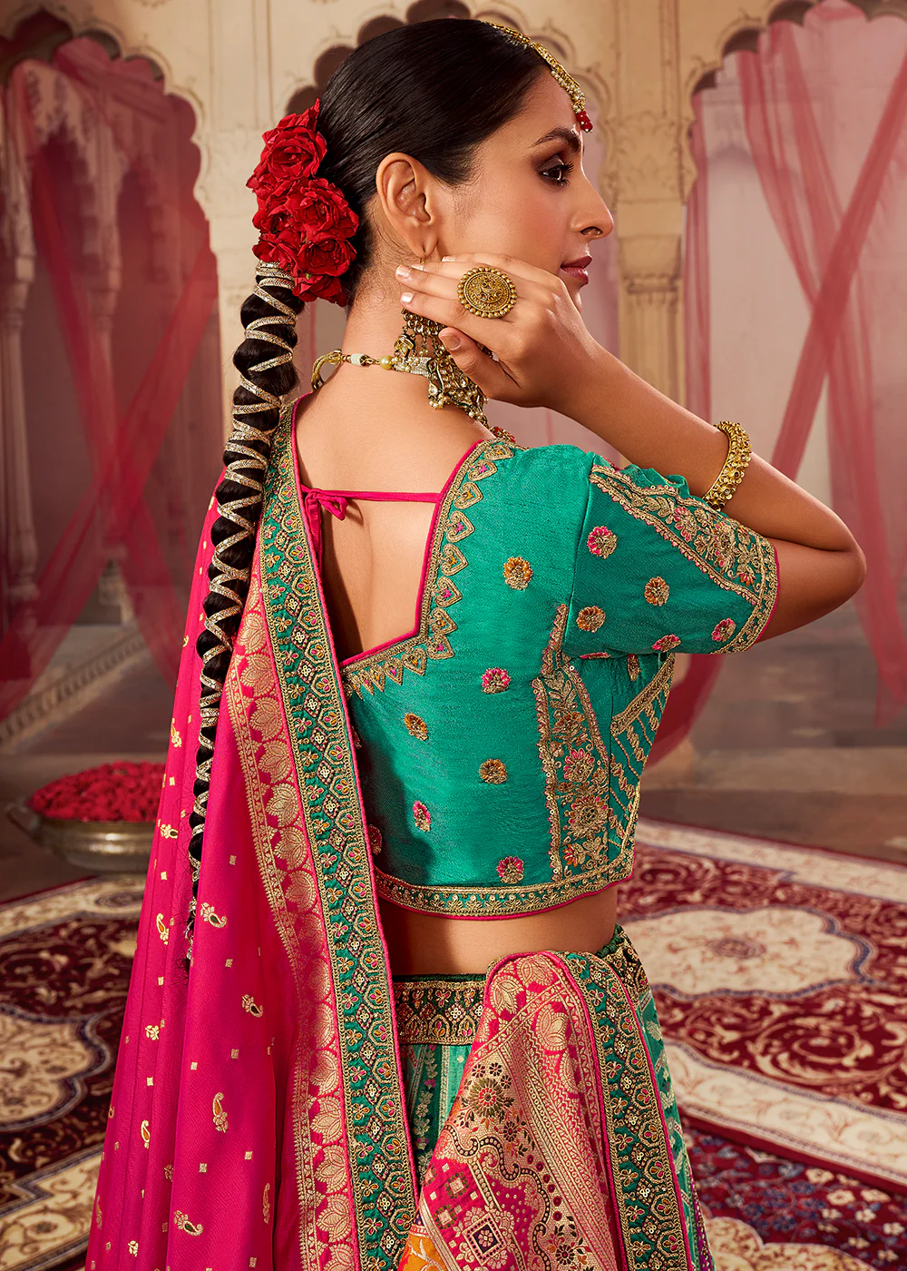 Royal Multicolor Sea Green Embroidered Bridal Lehenga Choli - Image 3