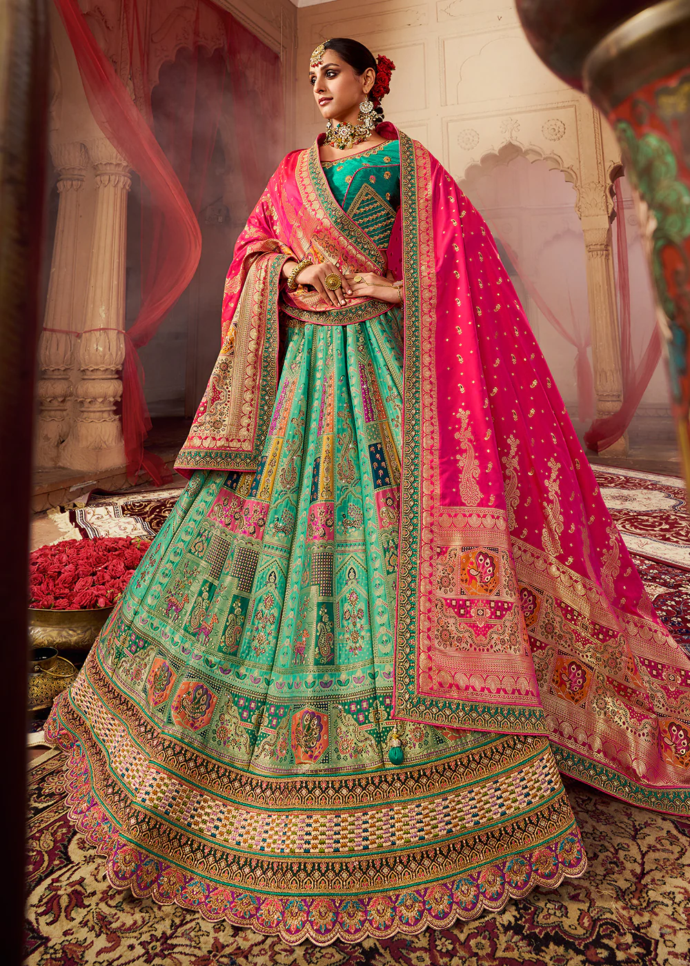 Royal Multicolor Sea Green Embroidered Bridal Lehenga Choli - Image 4