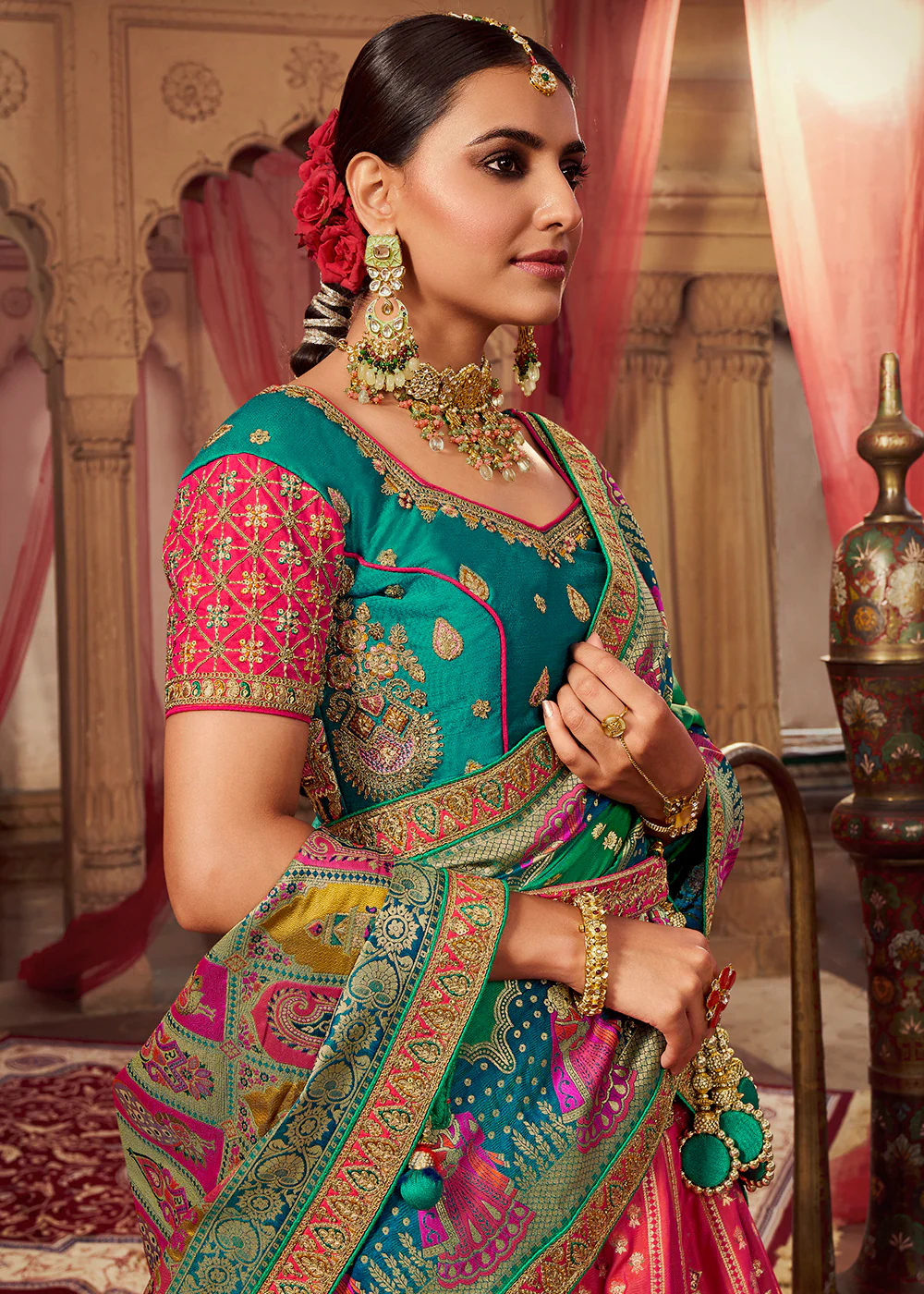 Royal Multicolor Teal Embroidered Bridal Lehenga Choli - Image 2