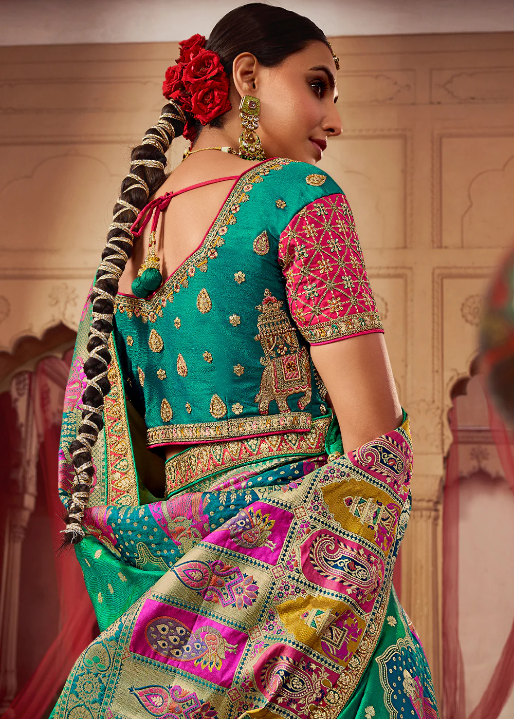 Royal Multicolor Teal Embroidered Bridal Lehenga Choli - Image 3