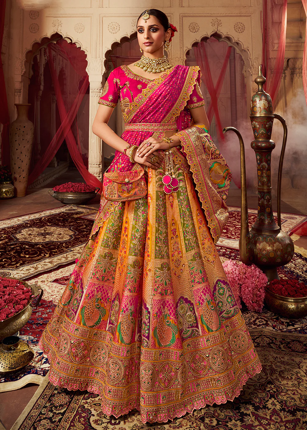 Royal Multicolor Yellow Embroidered Bridal Lehenga Choli