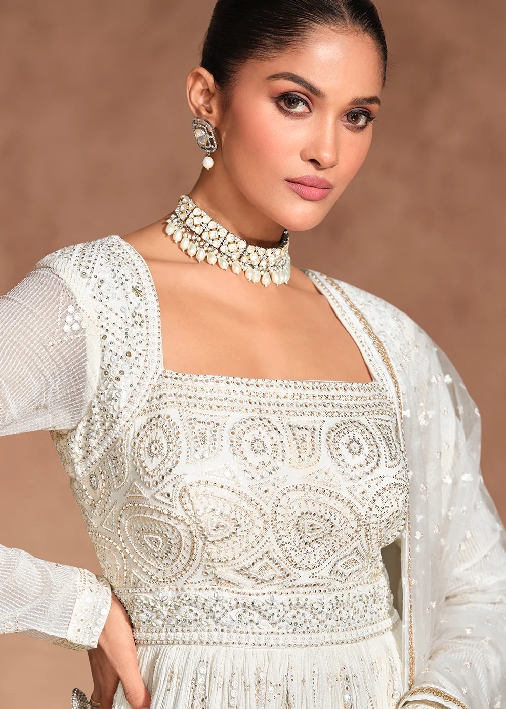 Royal White Chikankari Embroidery Wedding Anarkali Gown - Image 2