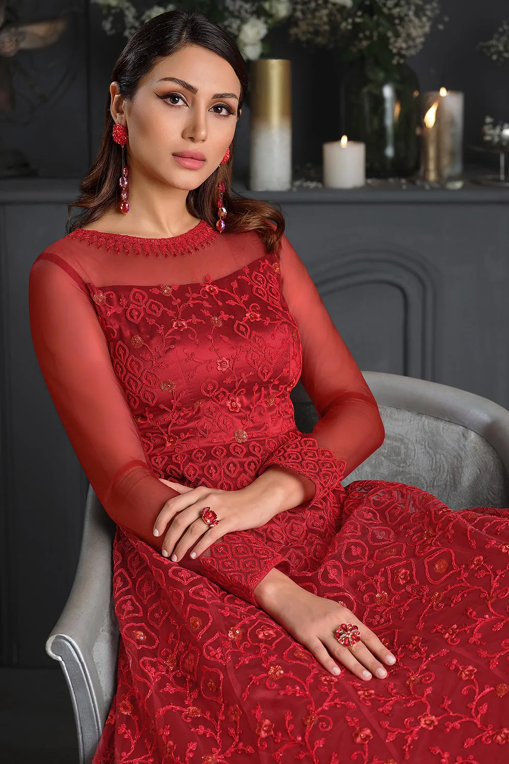 Ruby Red Butterfly Net Wedding Anarkali Suit - Image 2