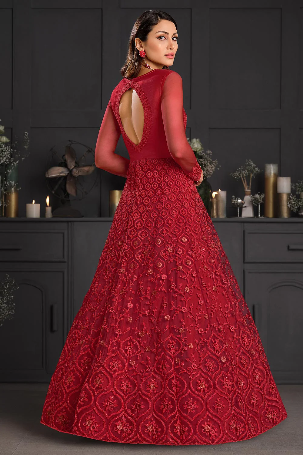 Ruby Red Butterfly Net Wedding Anarkali Suit - Image 3