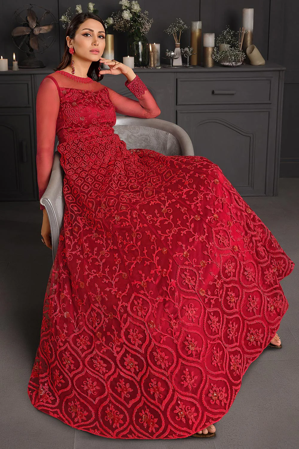 Ruby Red Butterfly Net Wedding Anarkali Suit - Image 4