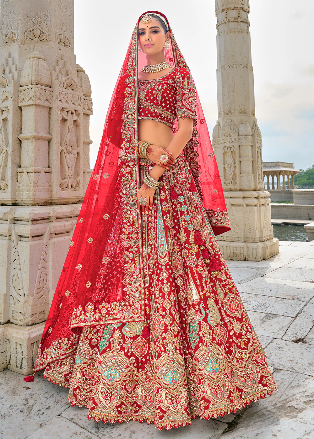 Ruby Red Silk Embroidered Bridal Wear Lehenga Choli