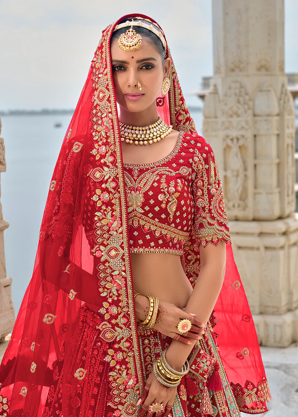Ruby Red Silk Embroidered Bridal Wear Lehenga Choli - Image 2