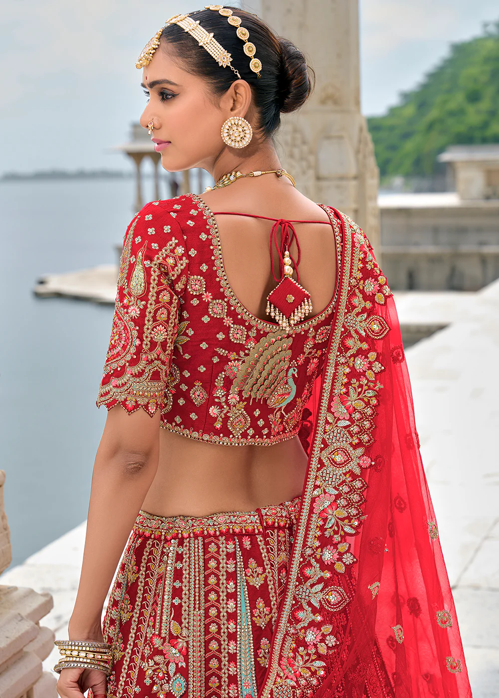 Ruby Red Silk Embroidered Bridal Wear Lehenga Choli - Image 3